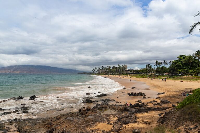 Beach, ocean and rocky shoreline at Kamaole Beach Park in Kihei, Maui